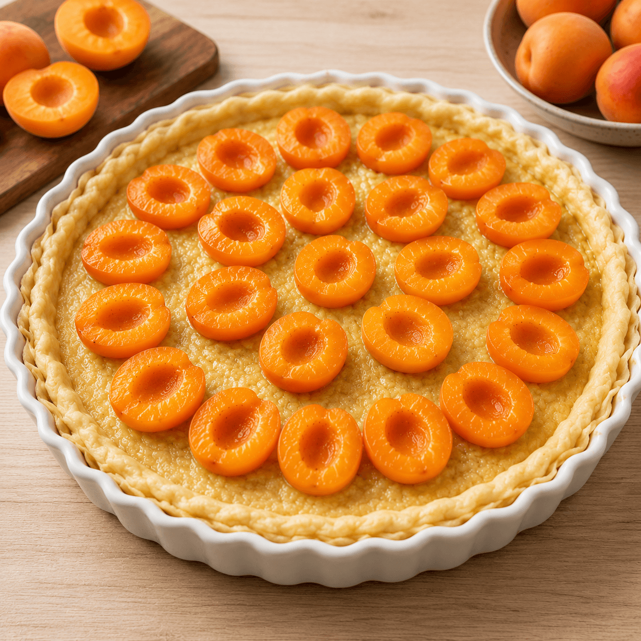 Coupez les abricots en deux, retirez les noyaux puis disposez-les sur la frangipane.
