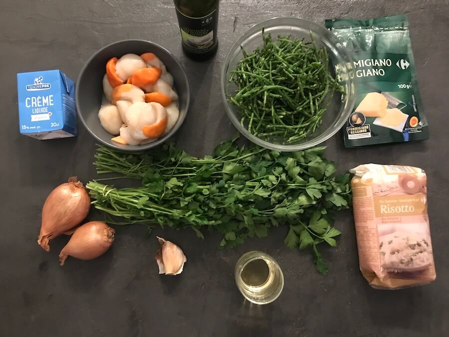 Ingrédients pour faire le risotto aux salicornes et aux noix de Saint Jacques