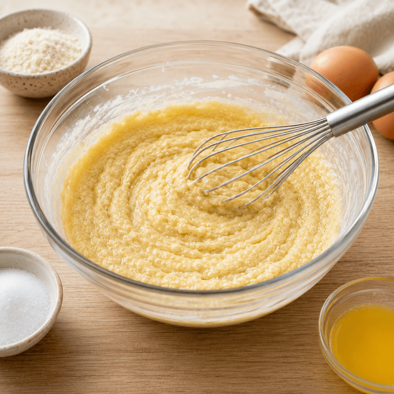 Dans un saladier, mélangez le sucre, la poudre d'amandes, le beurre fondu et les œufs jusqu'à obtenir une préparation homogène.